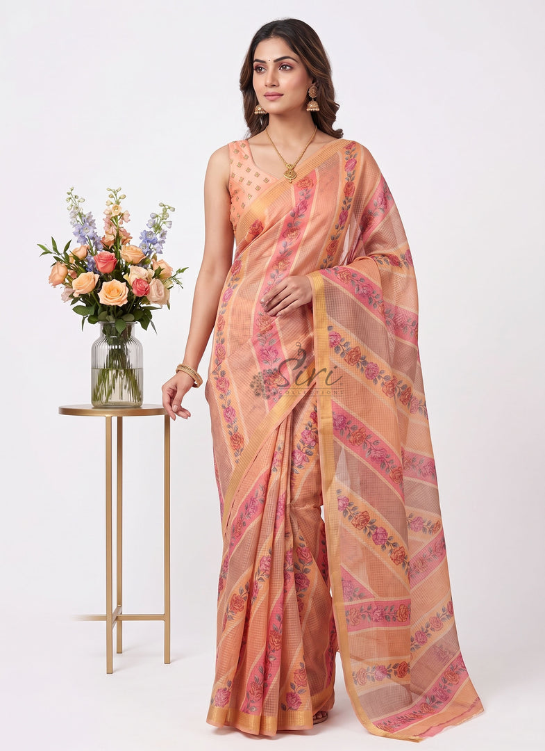 Beautiful Digital Print Kota Saree in Zari Checks