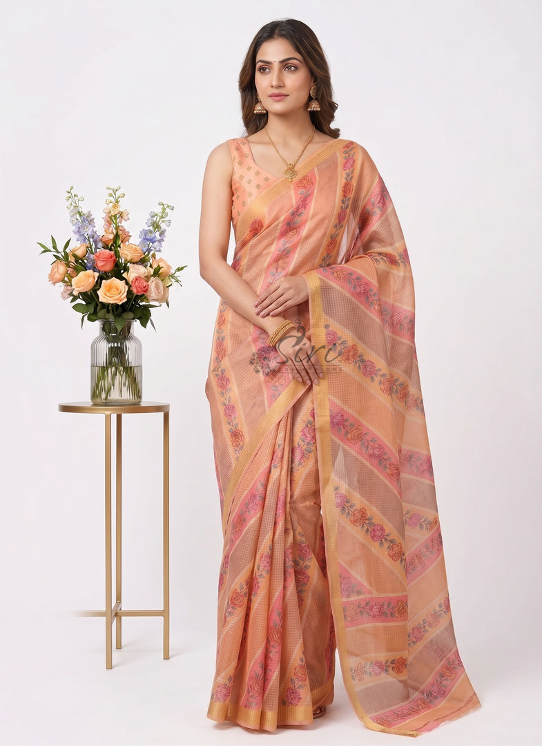 Beautiful Digital Print Kota Saree in Zari Checks