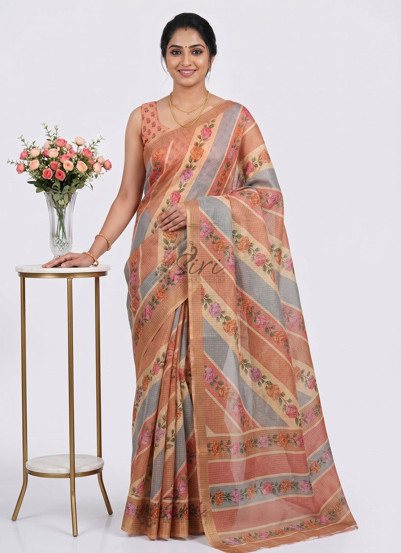 Beautiful Digital Print Kota Saree in Zari Checks