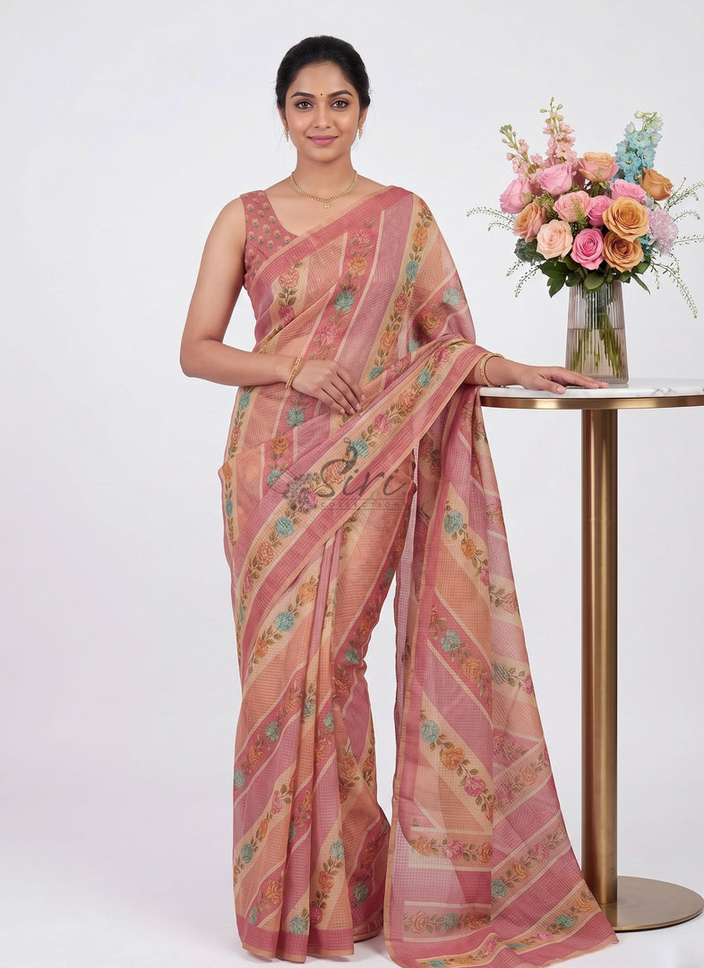 Beautiful Digital Print Kota Saree in Zari Checks