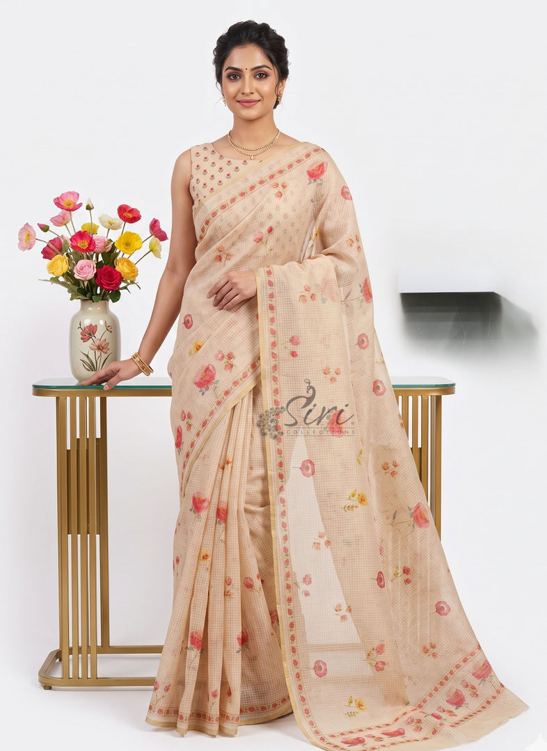 Beautiful Digital Print Kota Saree in Zari Checks