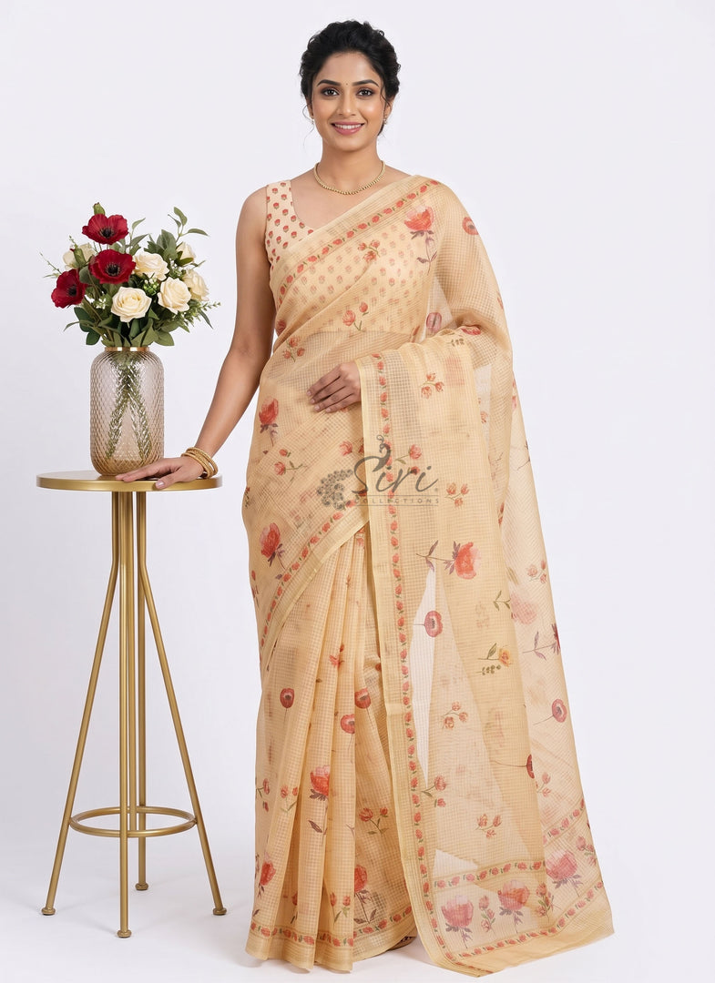 Beautiful Digital Print Kota Saree in Zari Checks