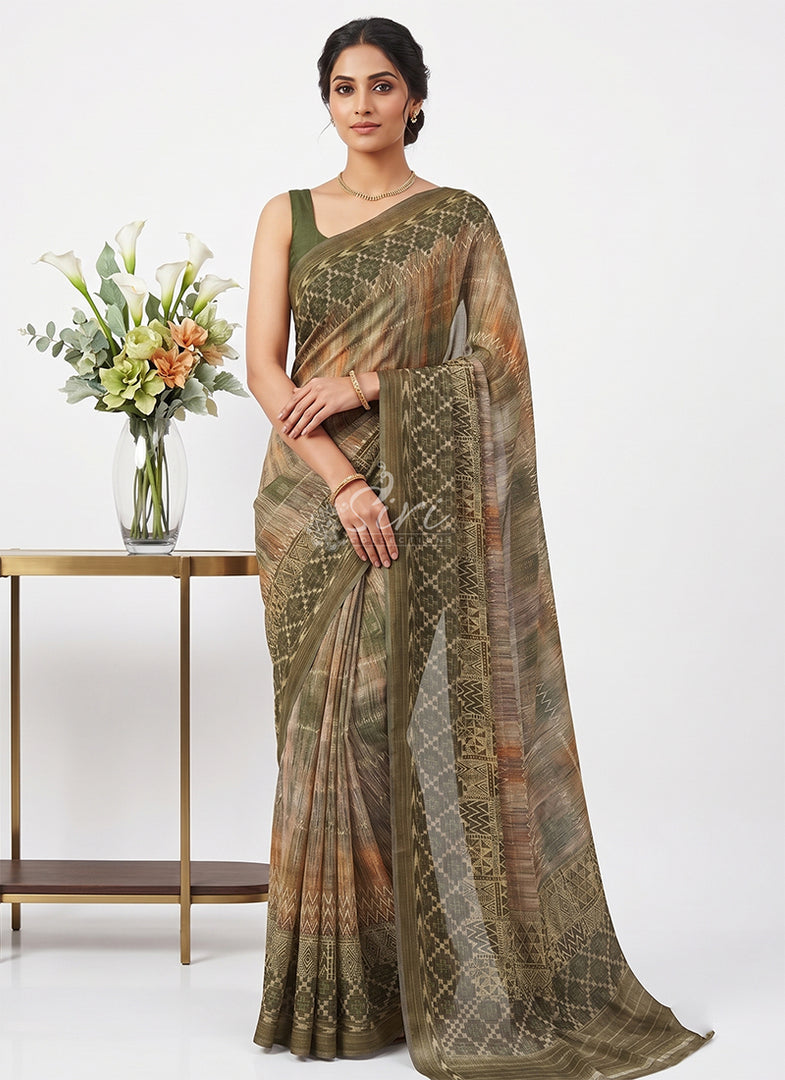Trendy Digital Print Georgette Saree in Fine Shimmer Stripes