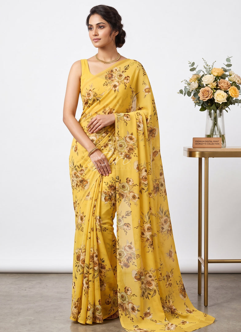 Trendy Floral Digital Print Georgette Saree