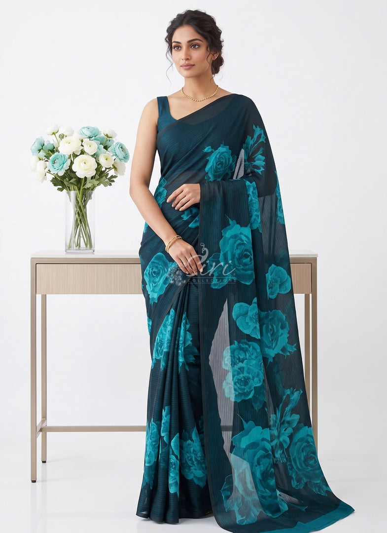Trendy Digital Print Georgette Saree in Fine Shimmer Stripes