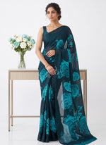 Load image into Gallery viewer, Trendy Digital Print Georgette Saree in Fine Shimmer Stripes