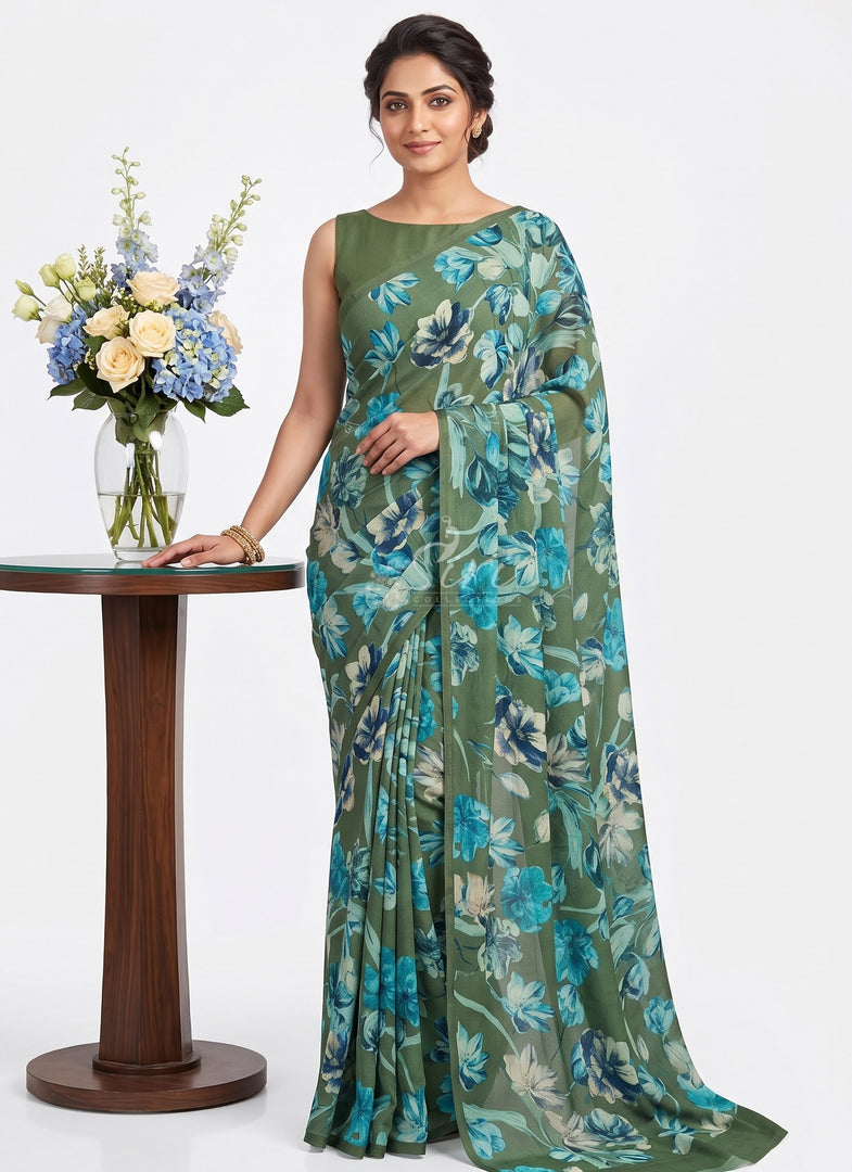 Trendy Digital Print Georgette Saree in Fine Shimmer Stripes