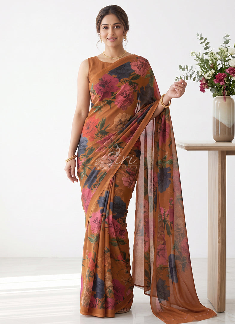 Siri Collections Premium Digital Print Crepe Georgette Saree with Blouse