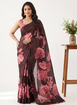 Load image into Gallery viewer, Trendy Floral Digital Print Georgette Saree in Fine Shimmer Stripes