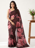 Load image into Gallery viewer, Trendy Floral Digital Print Georgette Saree in Fine Shimmer Stripes
