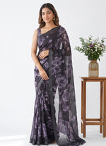 Load image into Gallery viewer, Trendy Floral Digital Print Georgette Saree in Fine Shimmer Stripes