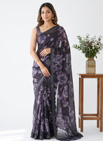 Load image into Gallery viewer, Trendy Floral Digital Print Georgette Saree in Fine Shimmer Stripes