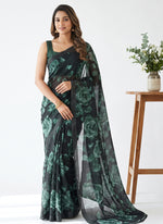 Load image into Gallery viewer, Trendy Floral Digital Print Georgette Saree in Fine Shimmer Stripes