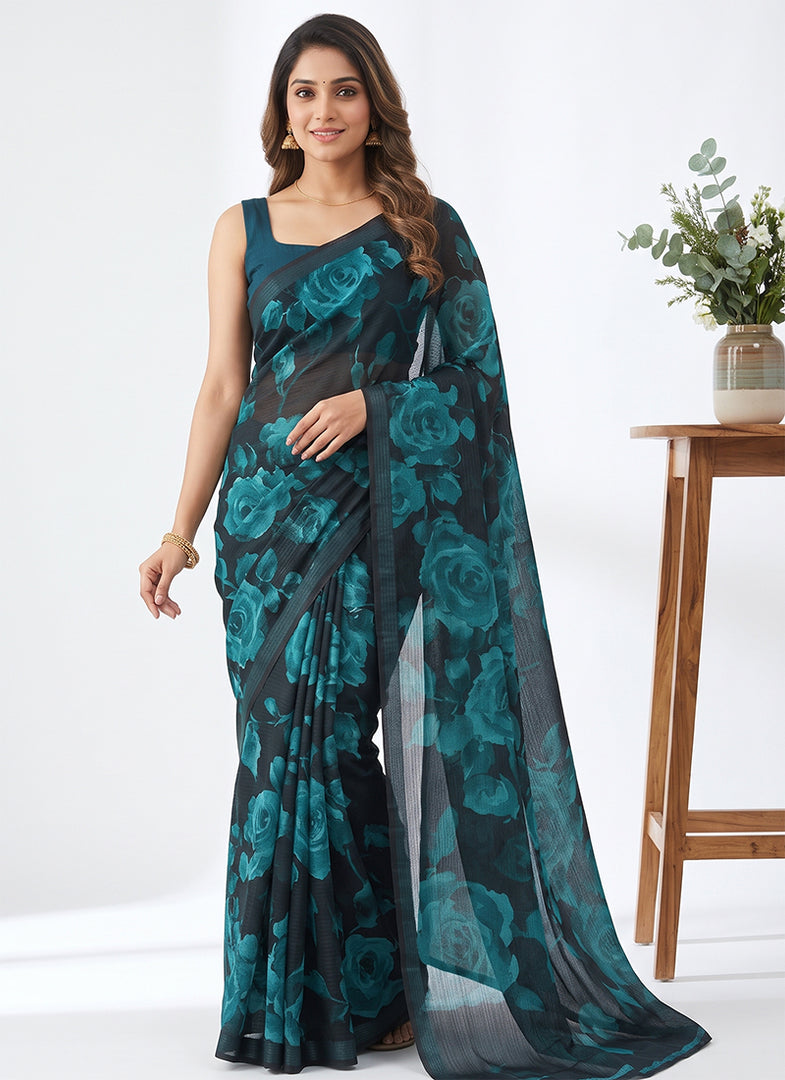 Trendy Floral Digital Print Georgette Saree in Fine Shimmer Stripes