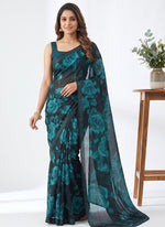 Load image into Gallery viewer, Trendy Floral Digital Print Georgette Saree in Fine Shimmer Stripes