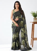 Load image into Gallery viewer, Trendy Floral Digital Print Georgette Saree in Fine Shimmer Stripes