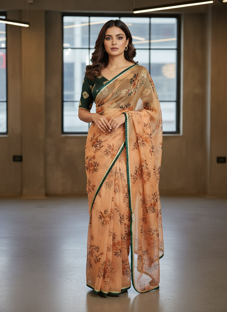 Lovely Floral Print Organza Saree in Frill