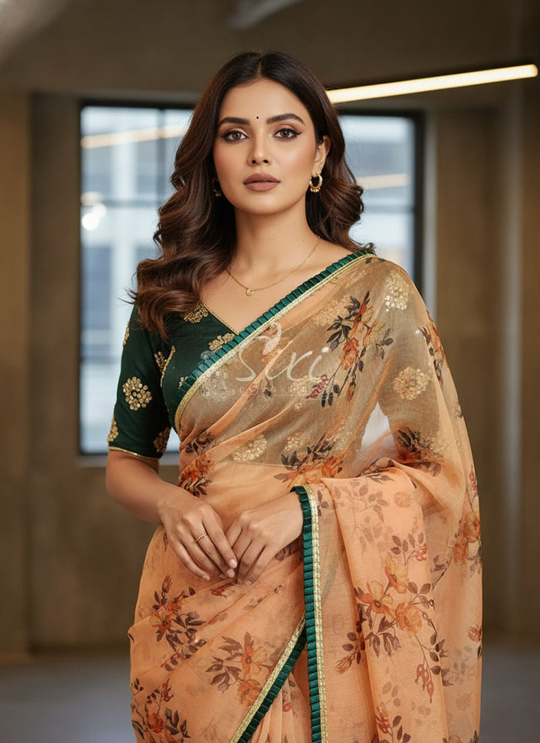 Lovely Floral Print Organza Saree in Frill