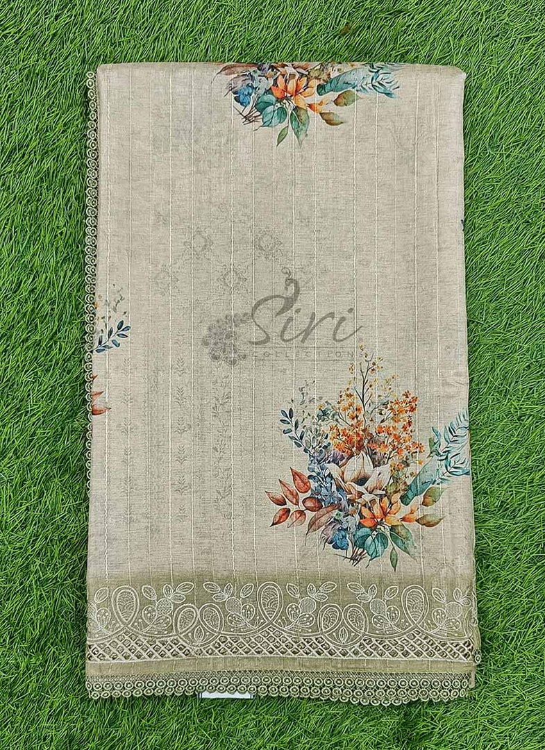 Designer Digital Print Semi Tussar Saree in Cutwork Borders