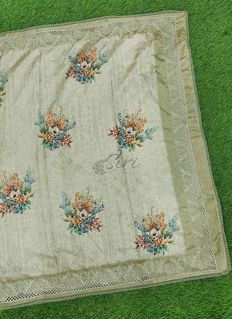 Designer Digital Print Semi Tussar Saree in Cutwork Borders