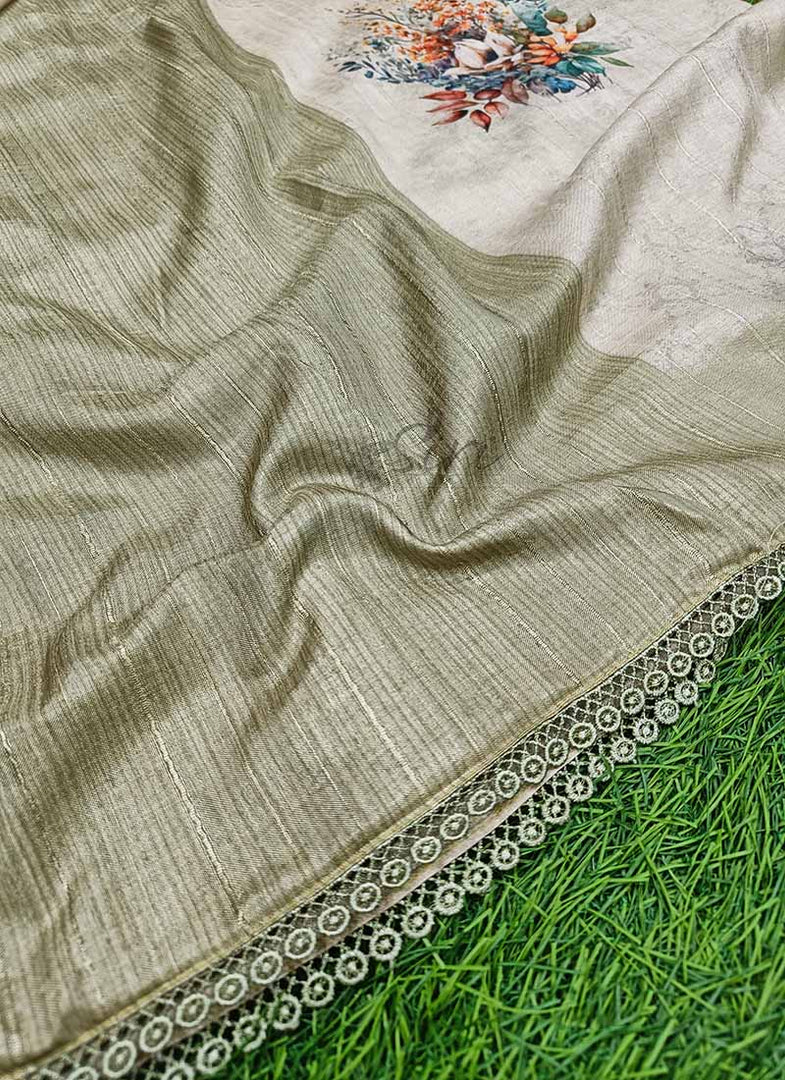 Designer Digital Print Semi Tussar Saree in Cutwork Borders