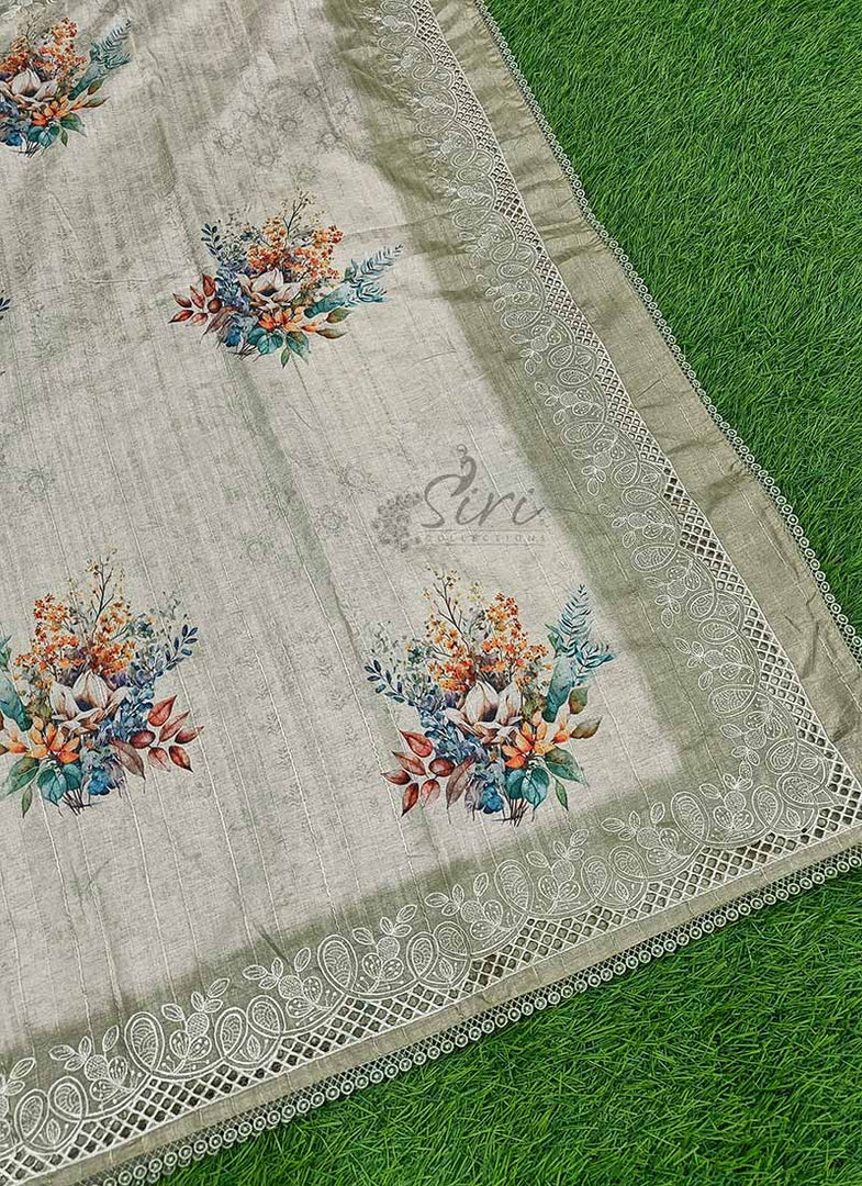 Designer Digital Print Semi Tussar Saree in Cutwork Borders