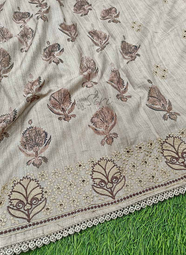 Designer Digital Print Semi Tussar Saree in Cutwork Borders