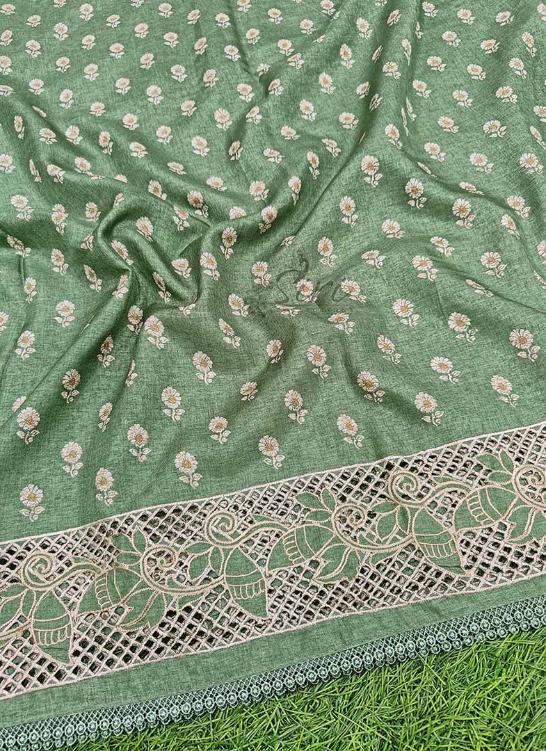 Designer Digital Print Semi Tussar Saree in Cutwork Borders