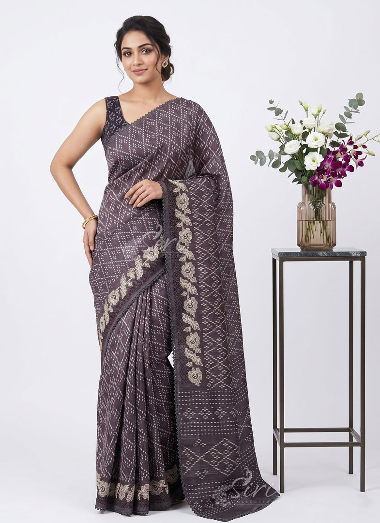 Designer Digital Print Semi Tussar Saree in Cutwork Borders