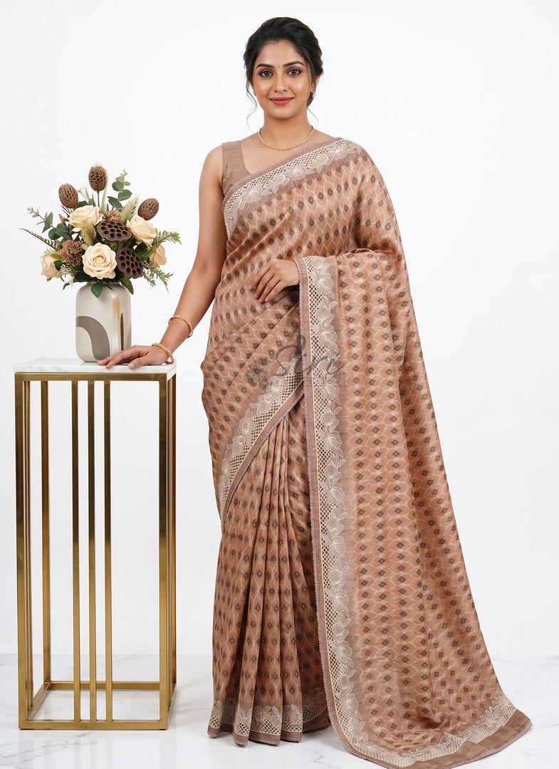 Designer Digital Print Semi Tussar Saree in Cutwork Borders