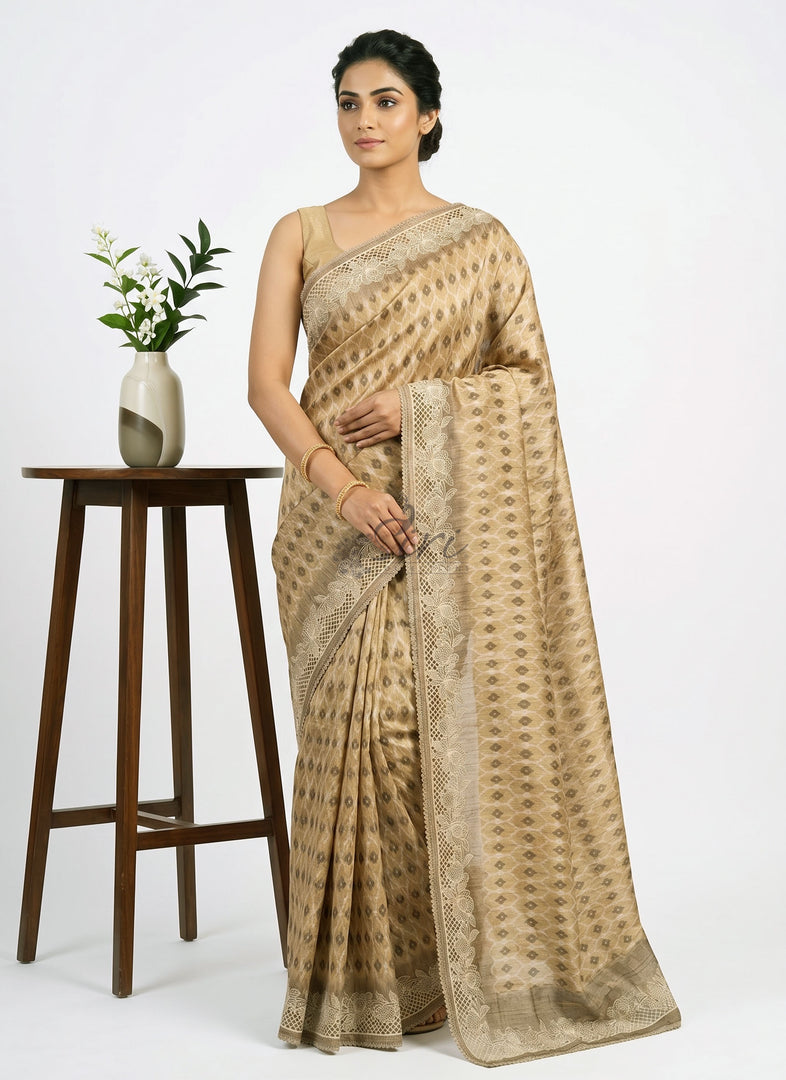 Designer Digital Print Semi Tussar Saree in Cutwork Borders