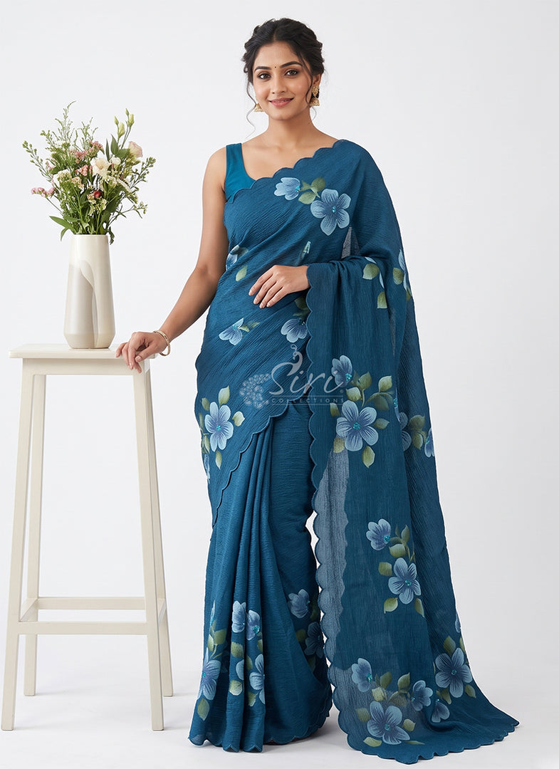 Beautiful Designer Crush Saree in Hand Paint and Scallop Border