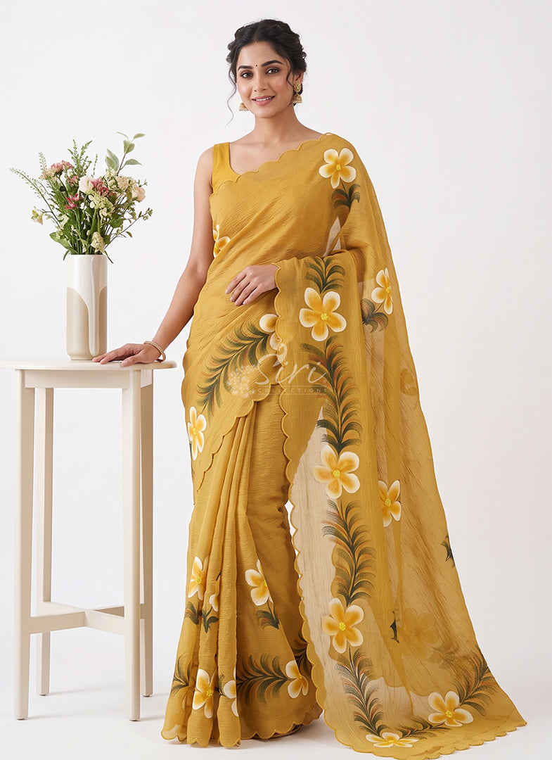 Beautiful Designer Crush Saree in Hand Paint and Scallop Border
