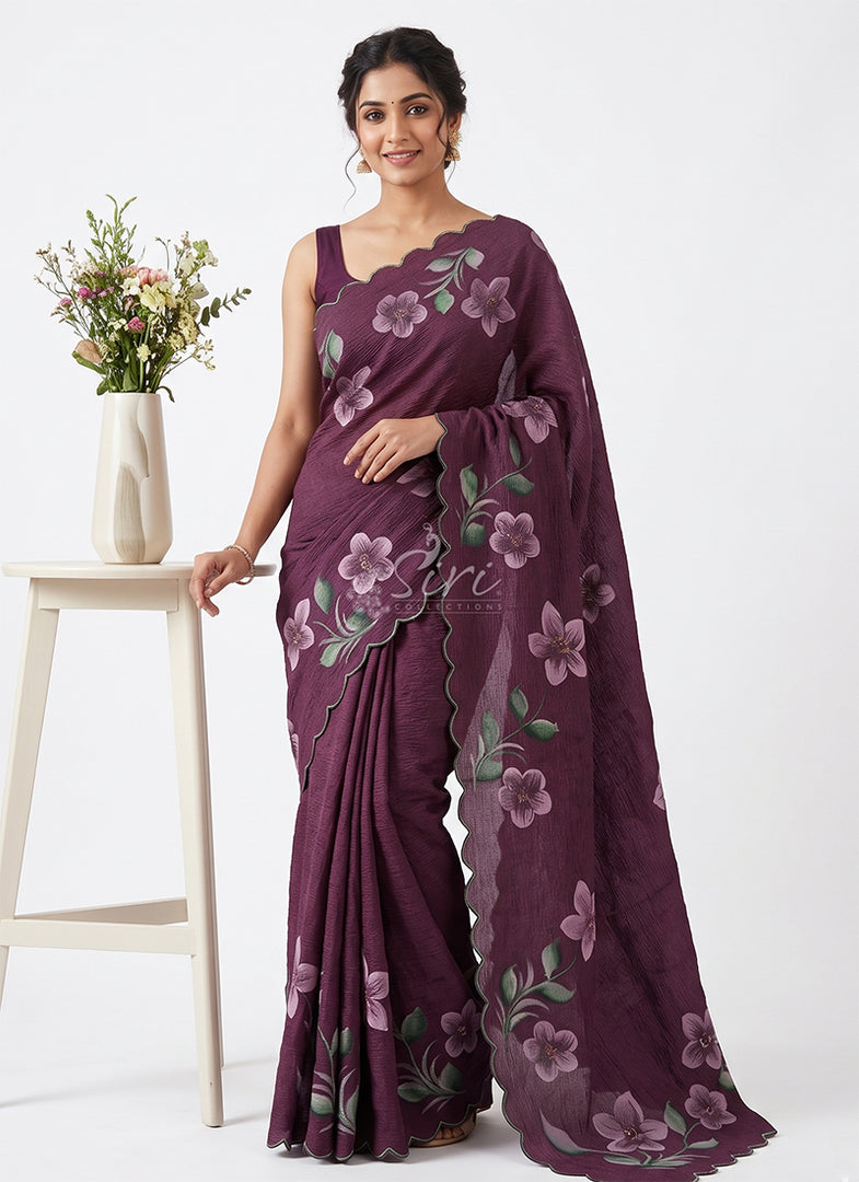 Beautiful Designer Crush Saree in Hand Paint and Scallop Border