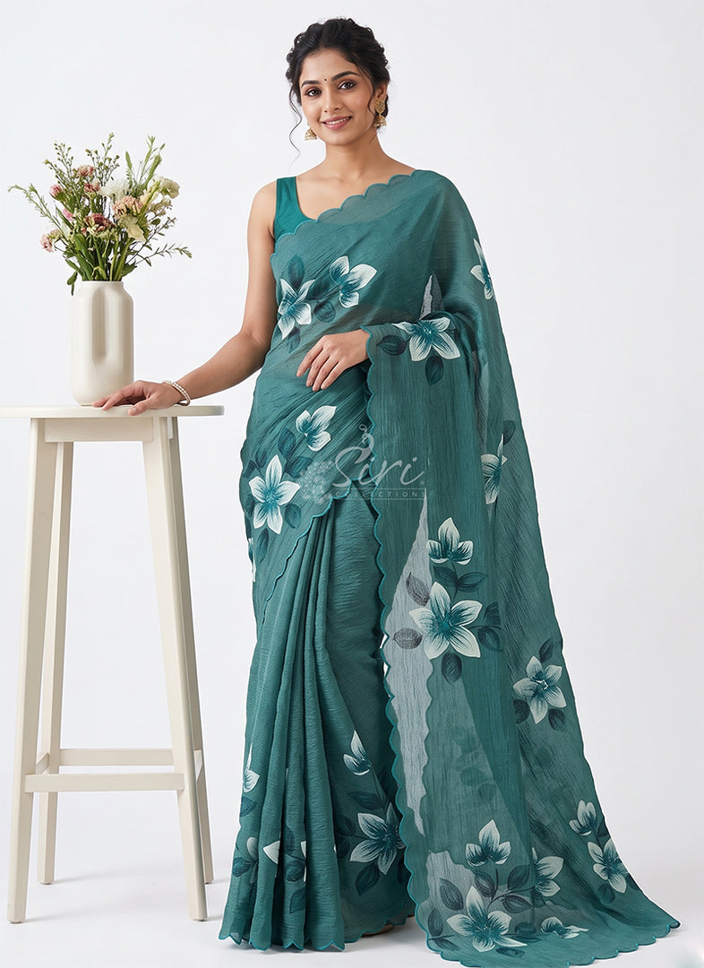 Beautiful Designer Crush Saree in Hand Paint and Scallop Border