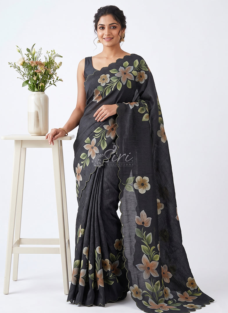 Beautiful Designer Crush Saree in Hand Paint and Scallop Border