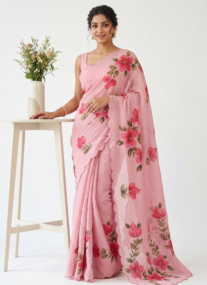 Beautiful Designer Crush Saree in Hand Paint and Scallop Border