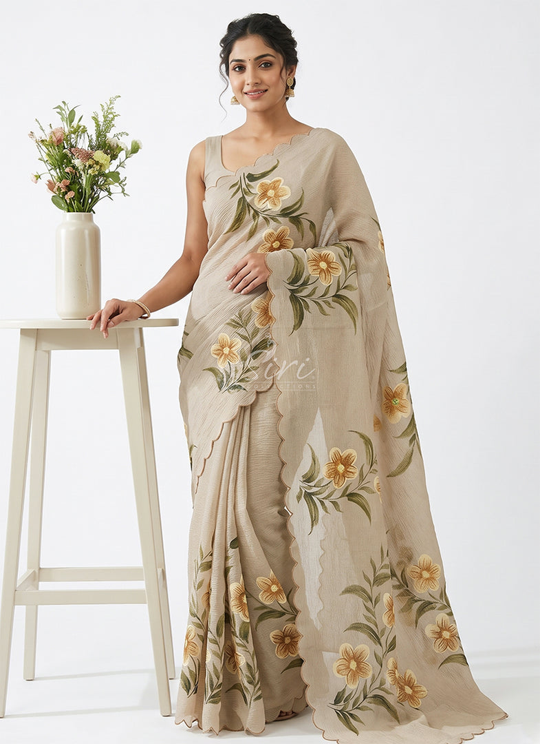 Beautiful Designer Crush Saree in Hand Paint and Scallop Border