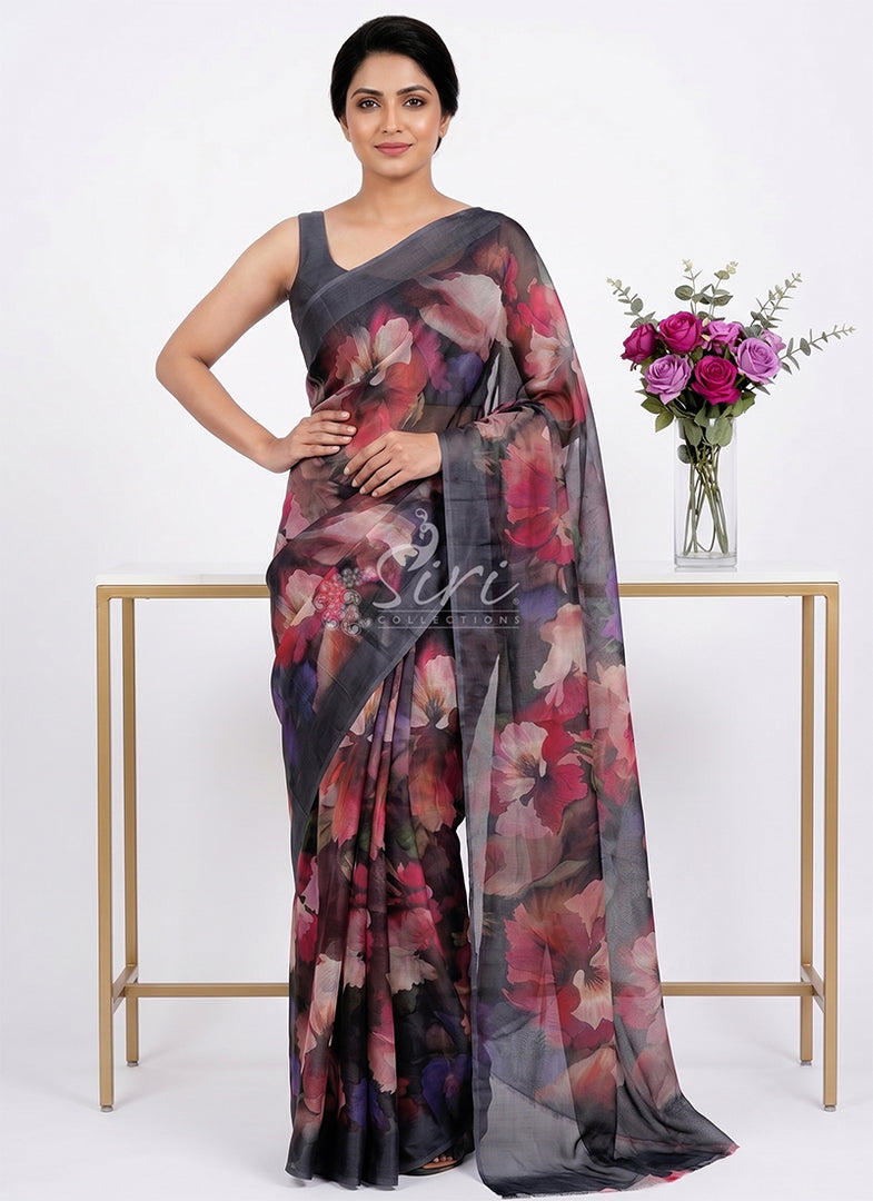 Siri Collections Digital Print Chiffon Saree in Satin Finish Border