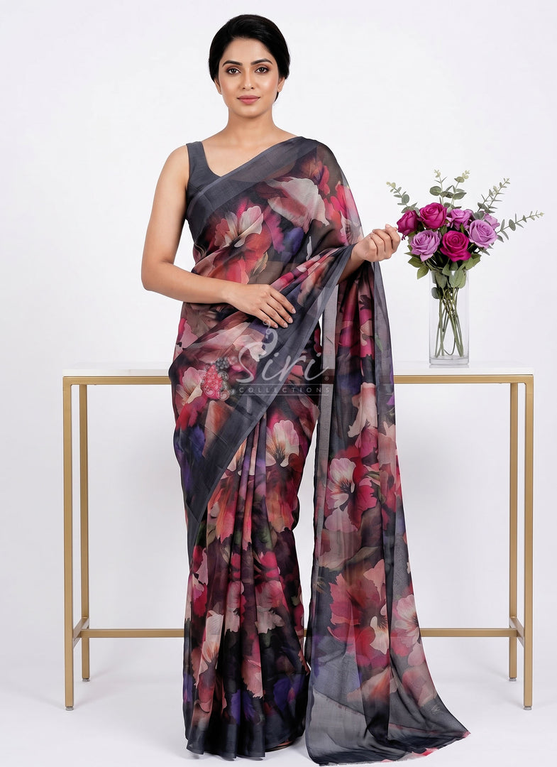 Siri Collections Digital Print Chiffon Saree in Satin Finish Border
