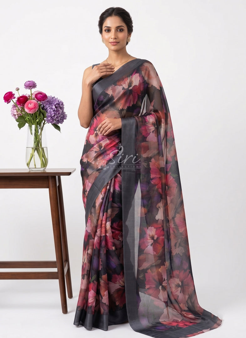 Lovely Premium Digital Print Chiffon Saree in Satin Finish Border