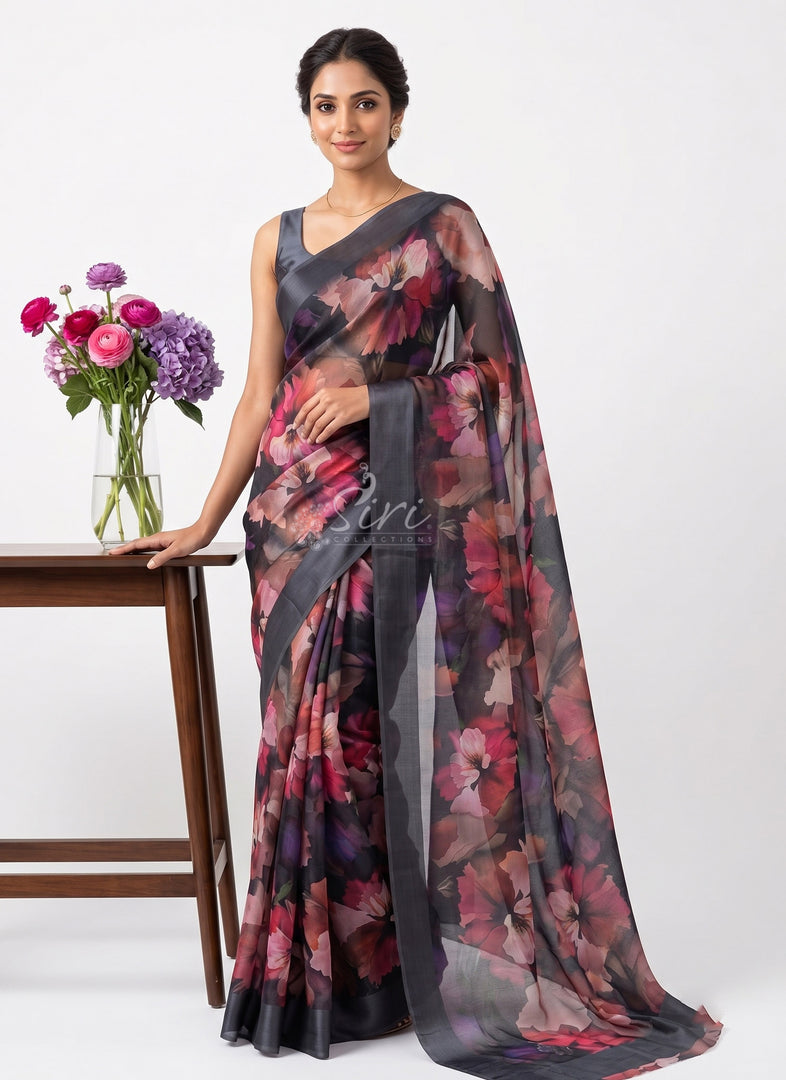 Lovely Premium Digital Print Chiffon Saree in Satin Finish Border