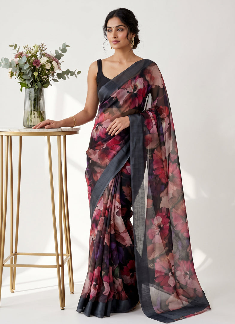Lovely Premium Digital Print Chiffon Saree in Satin Finish Border