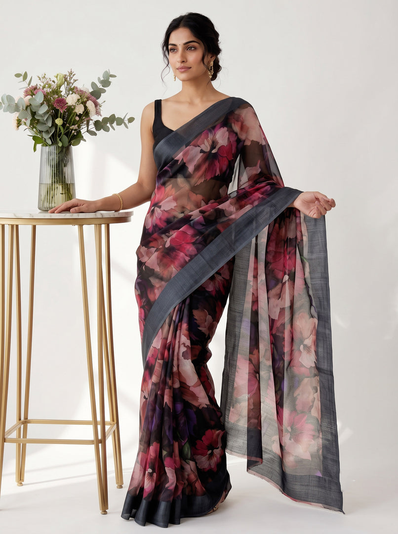 Lovely Premium Digital Print Chiffon Saree in Satin Finish Border