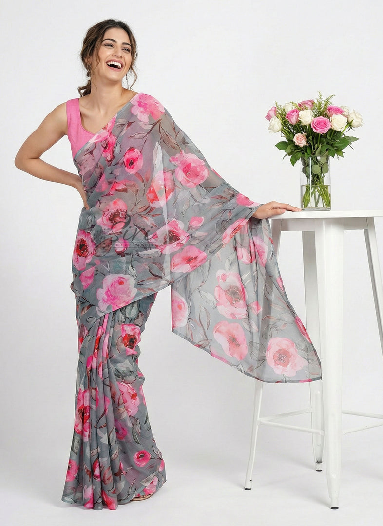 Beautiful Digital Print Nara Chiffon Saree with Blouse