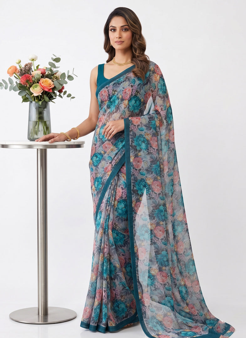 Siri Collections Premium Digital Print Chiffon Sarees with Blouse