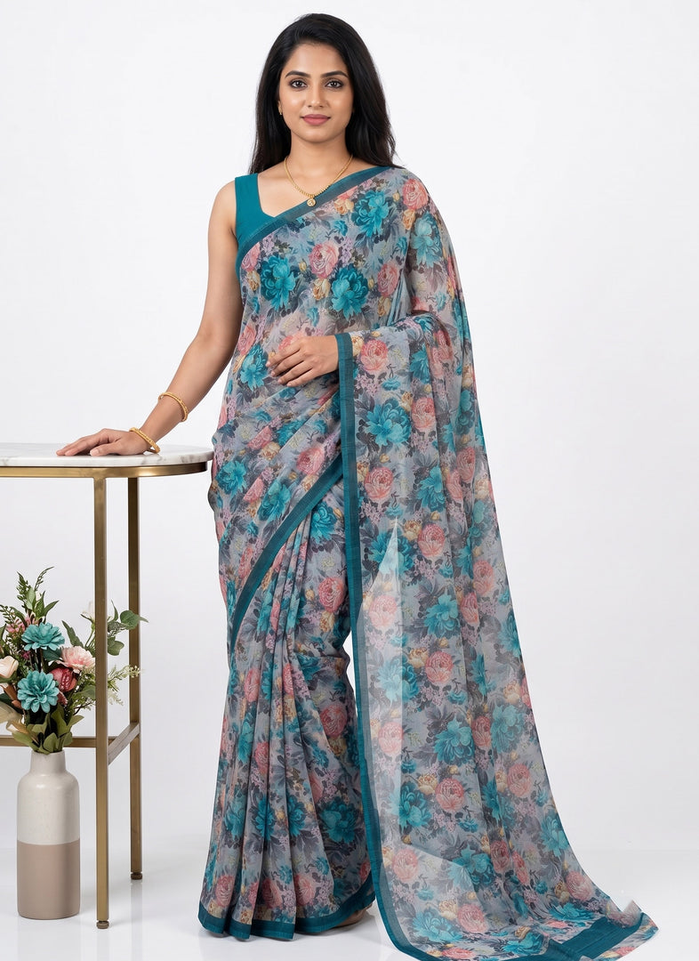 Siri Collections Premium Digital Print Chiffon Sarees with Blouse