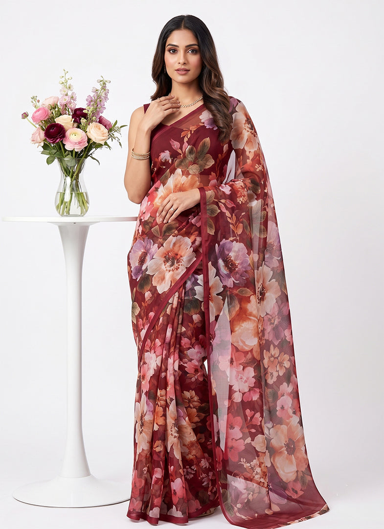 Siri Collections Premium Digital Print Chiffon Sarees with Blouse