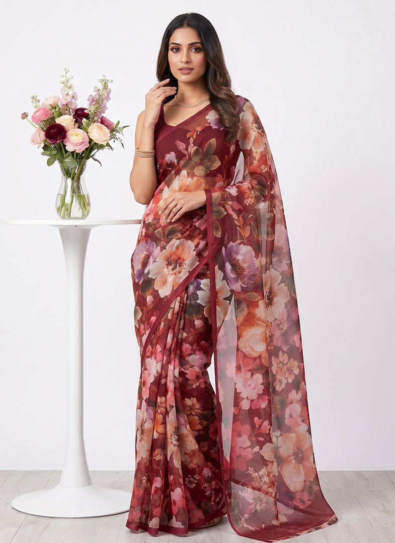 Siri Collections Premium Digital Print Chiffon Sarees with Blouse