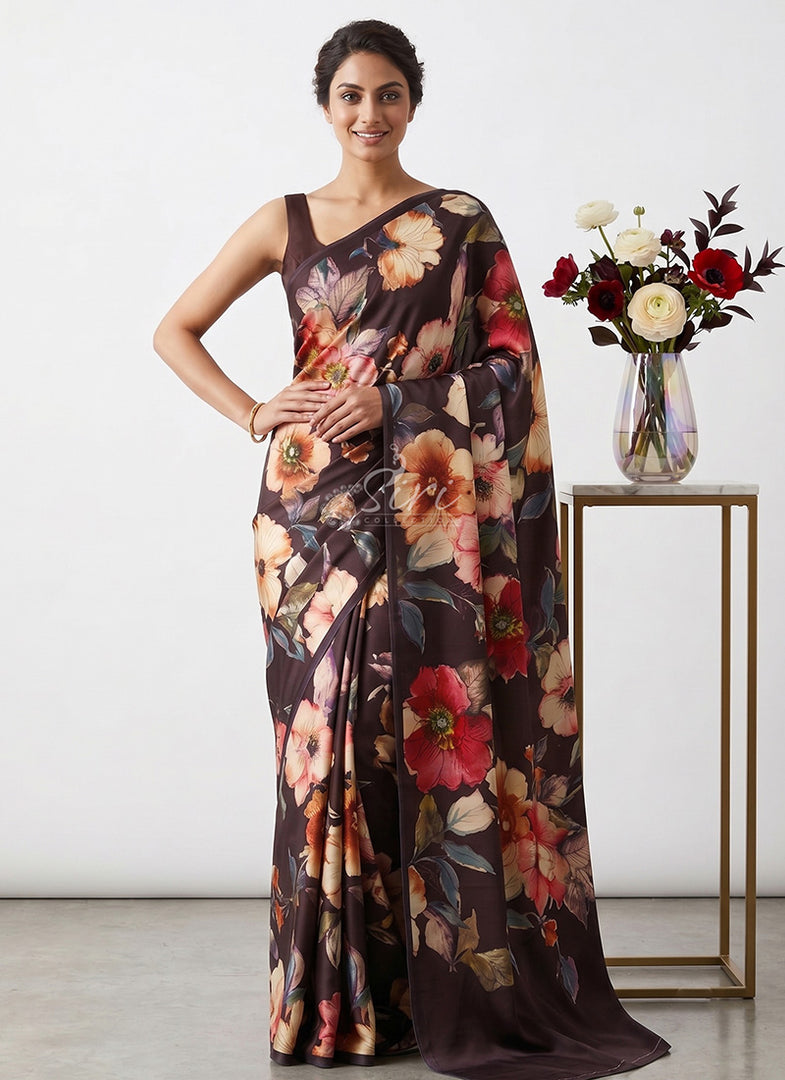 Siri Collections Premium Digital Print Satin Crepe Silk Saree